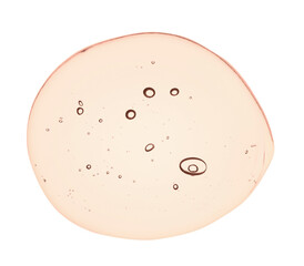 Serum gel toner drop. Skincare liquid product texture with bubbles. Yellow cosmetic swatch isolated...