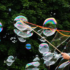 big soap bubbles are flying in the air against the background of green trees in the park . soap...