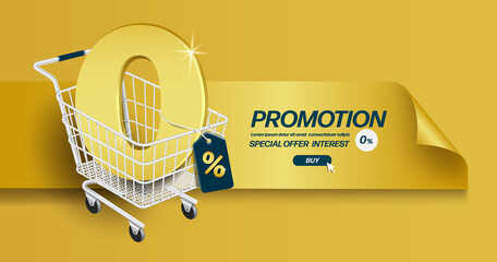 Text 0 gold 3d in shopping cart and has a % sign hanging and all object floated and in front of the golden ribbon for promotions to reduce fees and taxes,vector 3d isolated for advertising business - obrazy, fototapety, plakaty