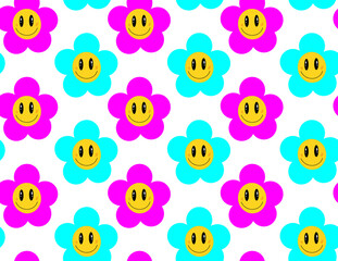 Smile emoji face in flower seamless pattern ,groovy fashion. Flower powerbackground. Vector illustration.