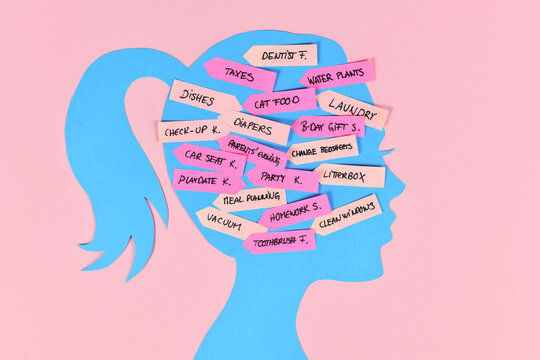 Mental load concept with woman's head silhouette with multiple tasks on notes