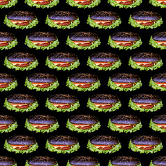 seamless pattern of black burgers on a black background