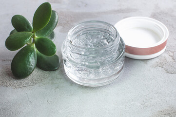Gel texture with bubbles hyaluronic acid and aloe vera branches in a glass jar