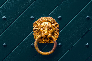 Löwenkopf Türklopfer auf grüner Haustür