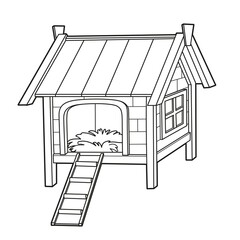 Wooden chicken coop with ladder outlined for coloring book on white background