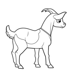 Cute cartoon goat with horns outlined for coloring page on white background