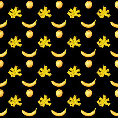 seamless pattern of apple banana and lily on a black background