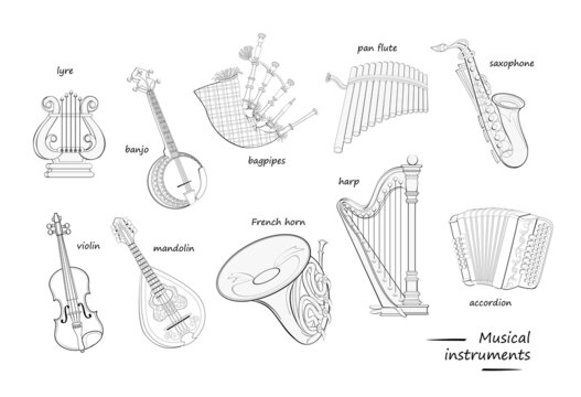 Musical instruments with names. Coloring book. Set of black and white illustrations for encyclopedia or for kids school textbook. Educational page for children to study English. Online education.
