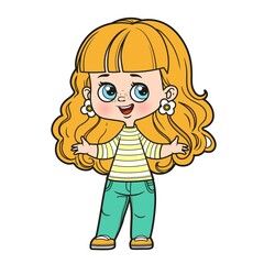 Cute cartoon girl with wavy hair stands with her arms outstretched color variation for coloring page on white background