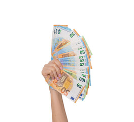 Woman hand with euro cash money banknotes isolated on white background.