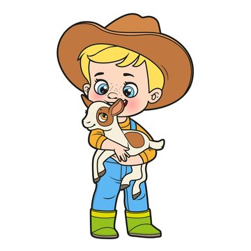 Cute cartoon boy in a cowboy hat holds a little goat in arms color variation for coloring page on white background