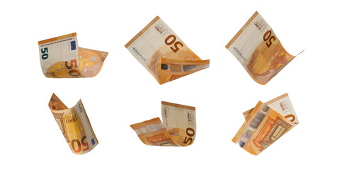 Flying 50 euro cash banknotes isolated on white background - obrazy, fototapety, plakaty