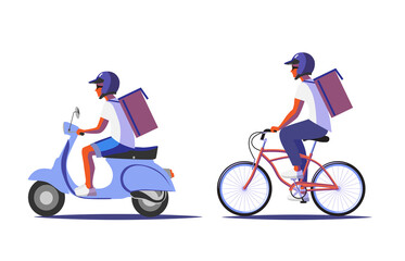 Two couriers riding a scooter and a bicycle isolated vector illustration