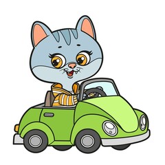 Cute cartoon kitten ride in little car color variation for coloring on a white background