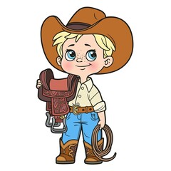 Cute cartoon boy cowboy in hat holding saddle and lasso color variation for coloring page on white background