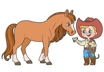 Cute cartoon boy cowboy in hat holding lasso feed the horse an apple color variation for coloring page on white background