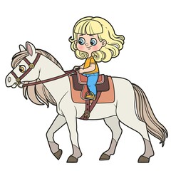 Cute cartoon girl rides a horse while sitting in the saddle color variation for coloring page isolated on white background