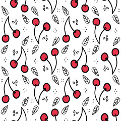 Sweet cherry repeating pattern. Seamless texture with wild berries. Summer motives with fresh healthy food ingredients