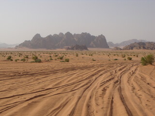 Fototapeta na wymiar Wadi Rum desert, Jordan, August 14, 2010: Wheel tracks on the sand in Wadi Rum desert, Jordan