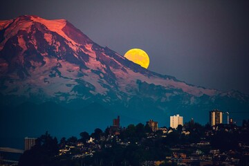 Moon rising over Mt Rainier viewed from Point Ruston in Tacoma Washington © Jon