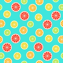 Citrus variety seamless pattern. Bright wallpaper texture with orange, lemon, lime, grapefruit. Sweet juicy background