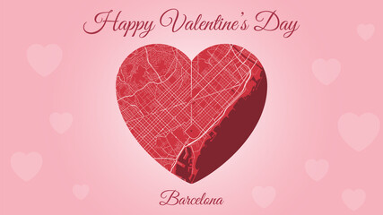 From Barcelona with love card, city map in heart shape. Romantic city travel cityscape. Horizontal pink and red color vector illustration.