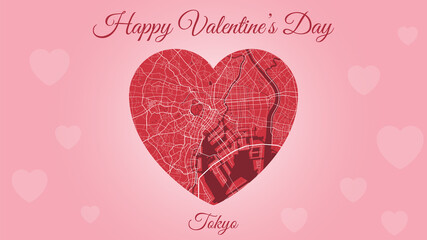Happy Valentine's day horizontal holiday card with Tokyo map in heart shape. Romantic city travel cityscape. Pink and red color vector illustration.