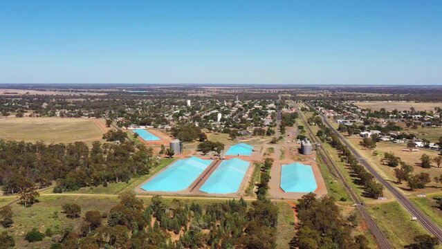 Barrier highway A32 through Nyngan remote rural town in outback as 4k.
