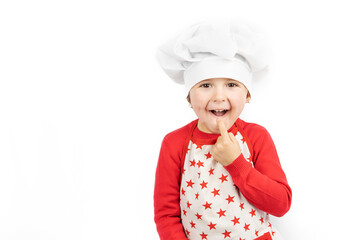 Boy chef smiling isolated on white background