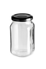 Empty jar with black cap isolated on white