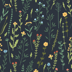 Obraz premium Seamless floral pattern with hand drawn plants, leaves, wild flowers. Perfect for fabric design, wallpaper, apparel. Vector illustration. Collection of wild meadow herbs, flowering flowers
