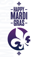 Happy Mardi Gras. Holiday concept. Template for background, banner, card, poster with text inscription. Vector EPS10 illustration.