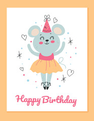 Happy birthday animal princess mouse invitation greeting card concept. Vector flat graphic design cartoon illustration