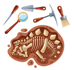 Dinosaur stegosaurus skeleton fossil excavations tools isolated set. Vector flat graphic design illustration © PrettyVectors