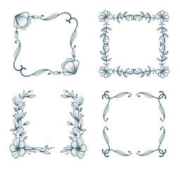 Floral sketch leaves decorative square border nature frame isolated set design element vector collection