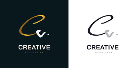CV Initial Logo Design with Handwriting Style in White and Gold. CV Signature Logo or Symbol for Wedding, Fashion, Jewelry, Boutique, Botanical, Floral and Business Identity. Feminine Logo