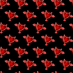 Neon demon heart seamless pattern with red icons on black background. Passion, love, Valentine's Day, romance concept. Vector 10 EPS illustration.