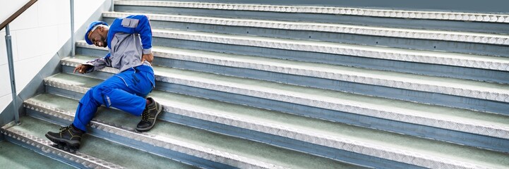 Worker Man Lying On Staircase