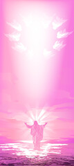 Religious vertical vector banner with the figure of Jesus christ on the water. Easter. Rays of light, doves and a heart on the sky