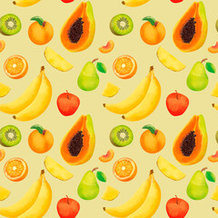 Colorful pattern with fresh fruit isolated on beige background. Papaya, banana, half orange, kiwi, pear, pineapple slice, peach, pear and apple.	