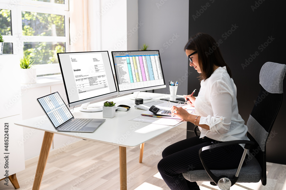 Poster accountant manager using financial manager invoice