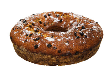 A large round fruitcake, sprinkled with powdered sugar