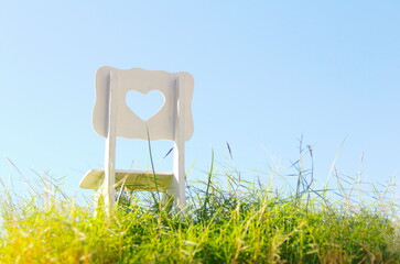 Romantic chair. Back side of a wooden white chair in grass on a sunny day and blue sky.  