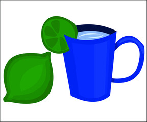 A blue cup with a piece of green lime and lime fruit. This illustration can be used for a menu or as a concept for advertising materials. Vector illustration, isolated.