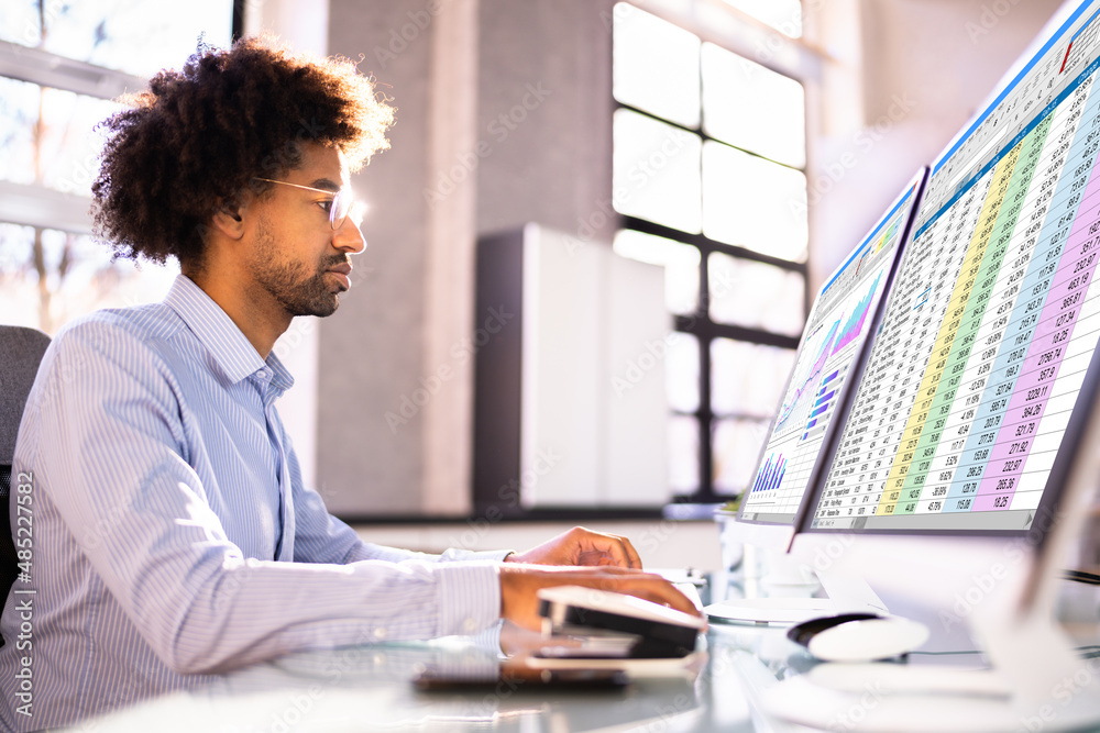 Poster data analyst african man using spreadsheet