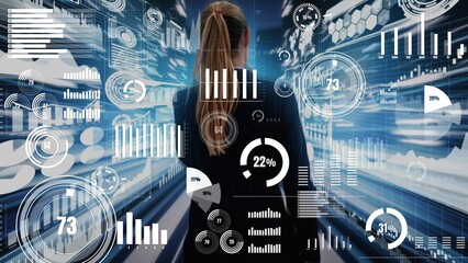 Big Data Technology for Business Finance Analytic conceptual . Modern graphic interface shows massive information of business sale report, profit chart and stock market trends analysis .