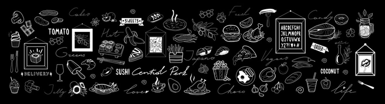 Vector big set of fast food, sweets, fruits and vegetales, drinks and berries on blackboard or chalk board. Handwritten words and font alphabet. Decoration elements for cafe menu. White outlines.