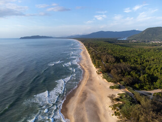 Fototapeta na wymiar Incredible beach in the middle of nature, Atlantic forest. Praia do Moçambique, Rio Vermelho, Florianópolis, Santa Catarina, Brazil - drone view, top view