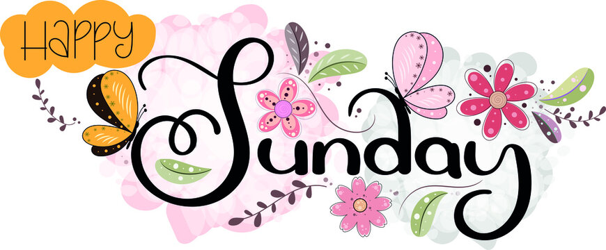 Happy SUNDAY. Sunday days of the week with flowers. butterflies and leaves. Illustration (Sunday)