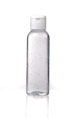 Instant disinfectant bottle with white background, transparent gel, without label.